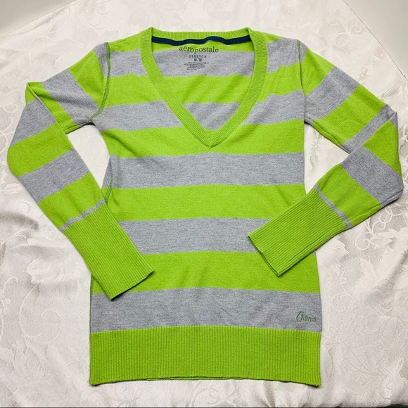 Neon Green & Gray Stripe Spring Sweater TRENDY M - Picture 7 of 7